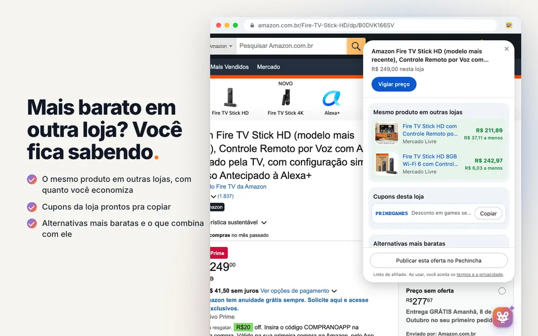 Painel da extensão com o mesmo produto em outras lojas, cupom da loja e alternativas mais baratas