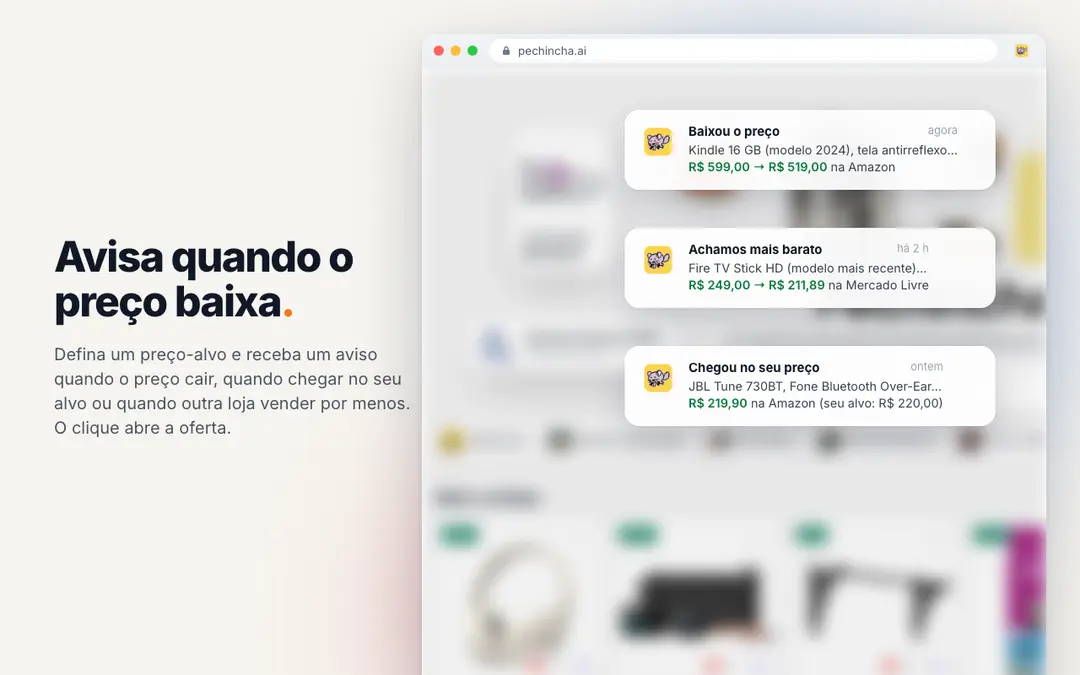 Avisos de preço: baixou o preço, achamos mais barato e chegou no seu preço