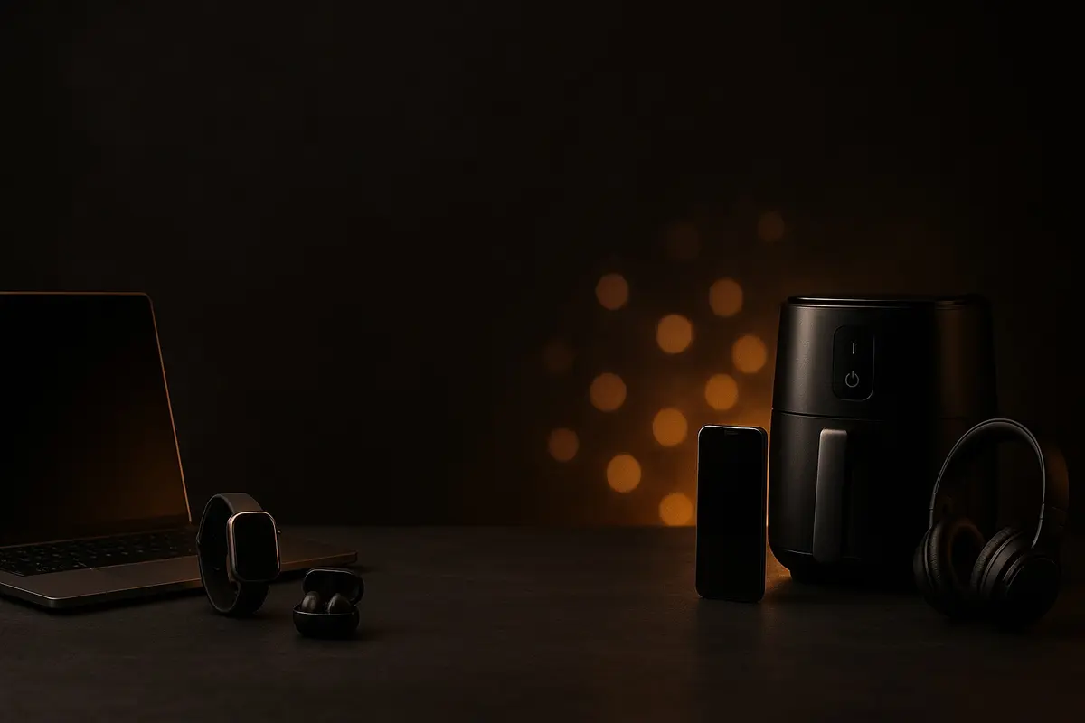 Notebook, relógio, fones, celular e air fryer pretos em fundo escuro