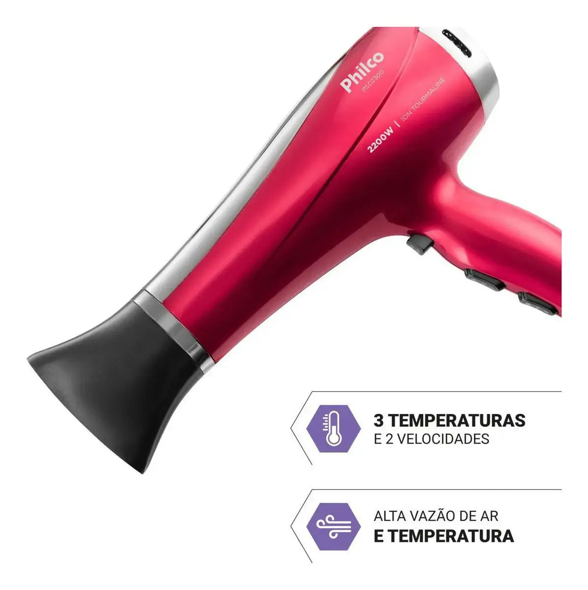 Secador De Cabelos 2200w Psc2300 Motor Dc Philco Vermelho Com Tecnologia Íons Tourmaline - Secagem rápida e eficiente thumbnail 2