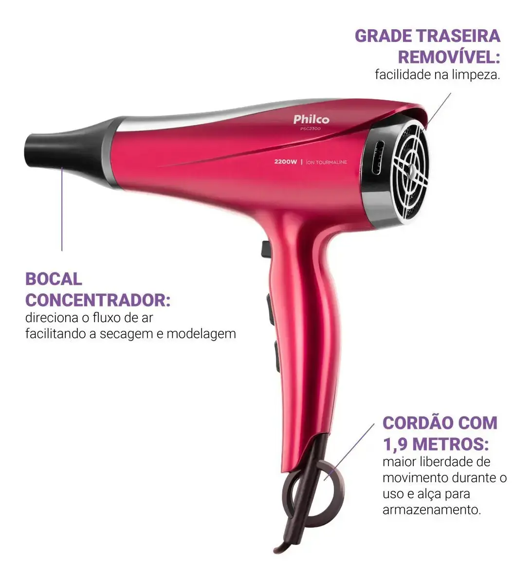 Secador De Cabelos 2200w Psc2300 Motor Dc Philco Vermelho Com Tecnologia Íons Tourmaline - Secagem rápida e eficiente thumbnail 3