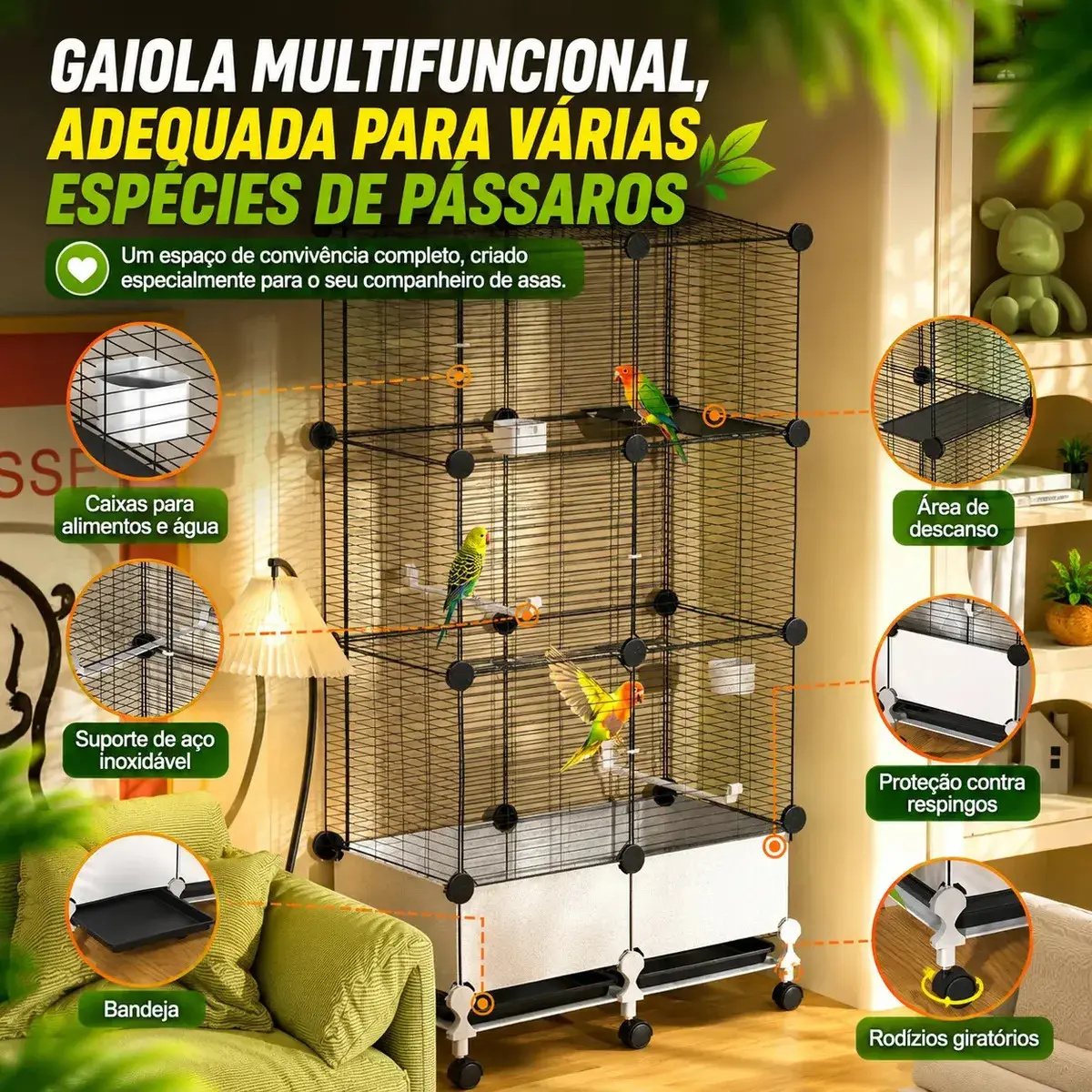 Viveiro Grande Para Calopsita Papagaio Ringneck Agapornis Periquito Maritaca Gaiola Luxo Com Rodízios Bandeja Removível Estrutura Metálica Espaço Amplo 139cm Para Aves Domésticas thumbnail 2