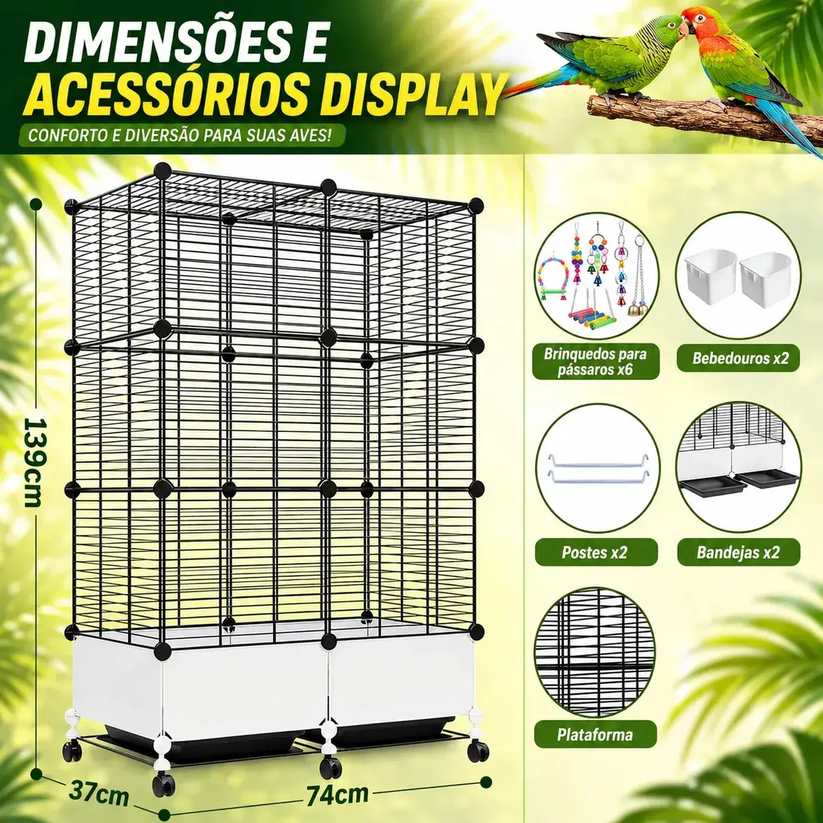 Viveiro Grande Para Calopsita Papagaio Ringneck Agapornis Periquito Maritaca Gaiola Luxo Com Rodízios Bandeja Removível Estrutura Metálica Espaço Amplo 139cm Para Aves Domésticas thumbnail 8