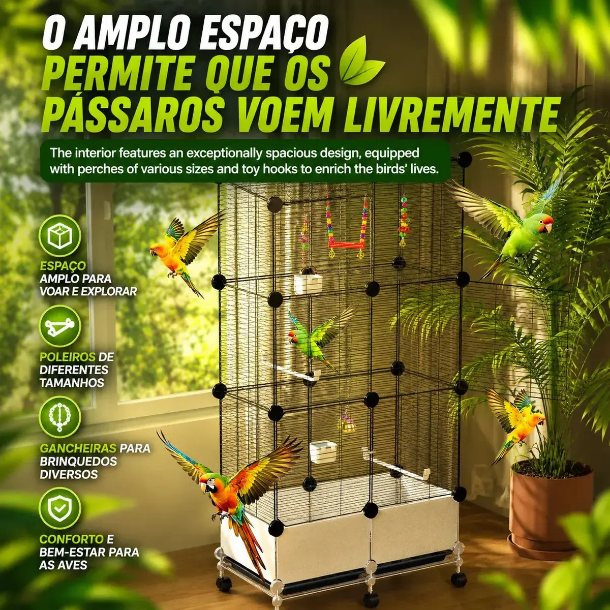 Viveiro Grande Para Calopsita Papagaio Ringneck Agapornis Periquito Maritaca Gaiola Luxo Com Rodízios Bandeja Removível Estrutura Metálica Espaço Amplo 139cm Para Aves Domésticas thumbnail 9