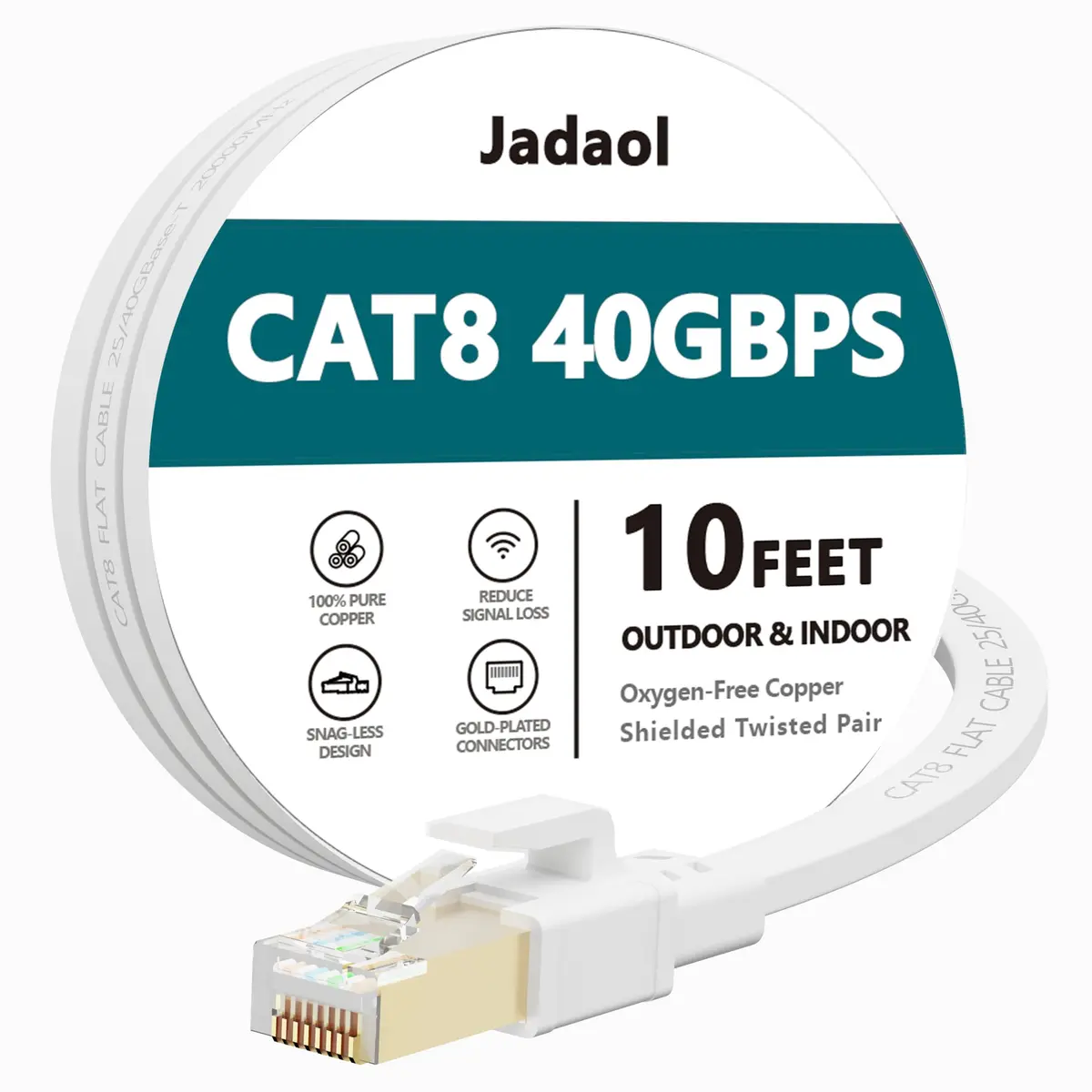 Jadaol Cabo Ethernet Cat8 10 pés, 40Gbps 2000MHz Cabo LAN Plano, Branco | Cabo de rede RJ45 de alta velocidade para roteador, modem, interruptor, consoles de jogos, PC, rede doméstica e dispositivos - 1