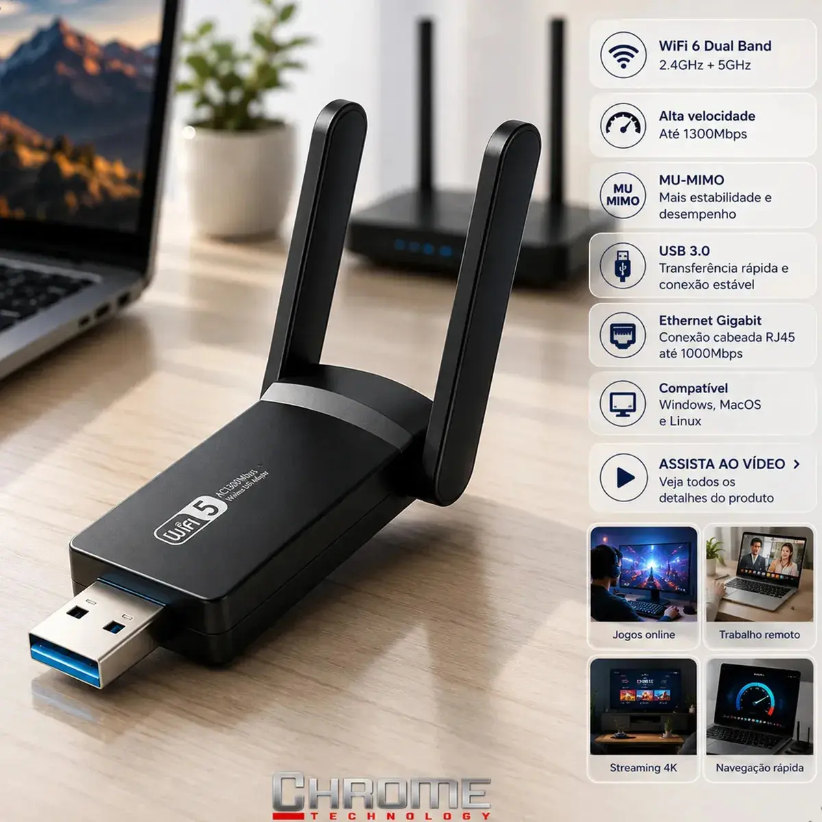Adaptador Wifi Computador Pc Notebook Jogos Usb 3.0 Dual Band 5ghz Wifi 6 - Placa De Rede Wifi Gigabit Alta Velocidade Mu-mimo - Adaptador Ethernet Usb Rj45 Rtl8812bu Compatível C/ Mac Windows Linux. - 1