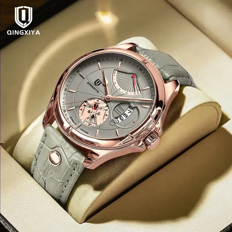 Qingxiya marca de luxo negócios relógio de pulso quartzo masculino à prova dwaterproof água data couro homem relógio moda para homem reloj hombre