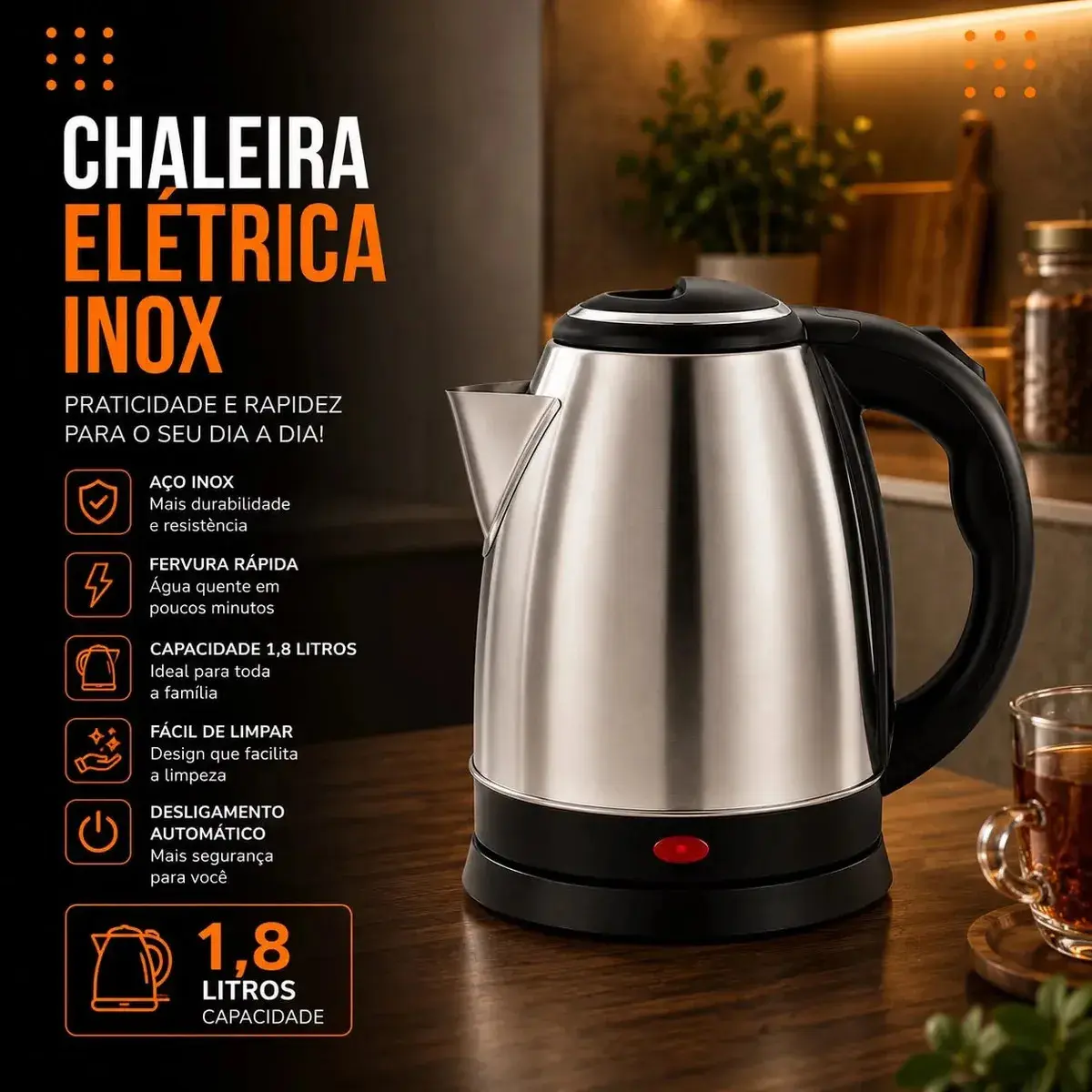 Chaleira Jarra Elétrica 1,8l Litros Em Inox Desligamento Automático Aquecimento Rápido Segura Café Chá Fácil Abertura Alça Viacruz