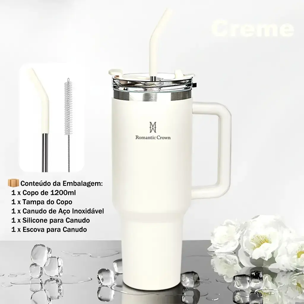 Copo Térmico Gigante 1,2l Inox Com Tampa E Inox Canudo Cor Branco Cor Pura / Material Fosco thumbnail 4