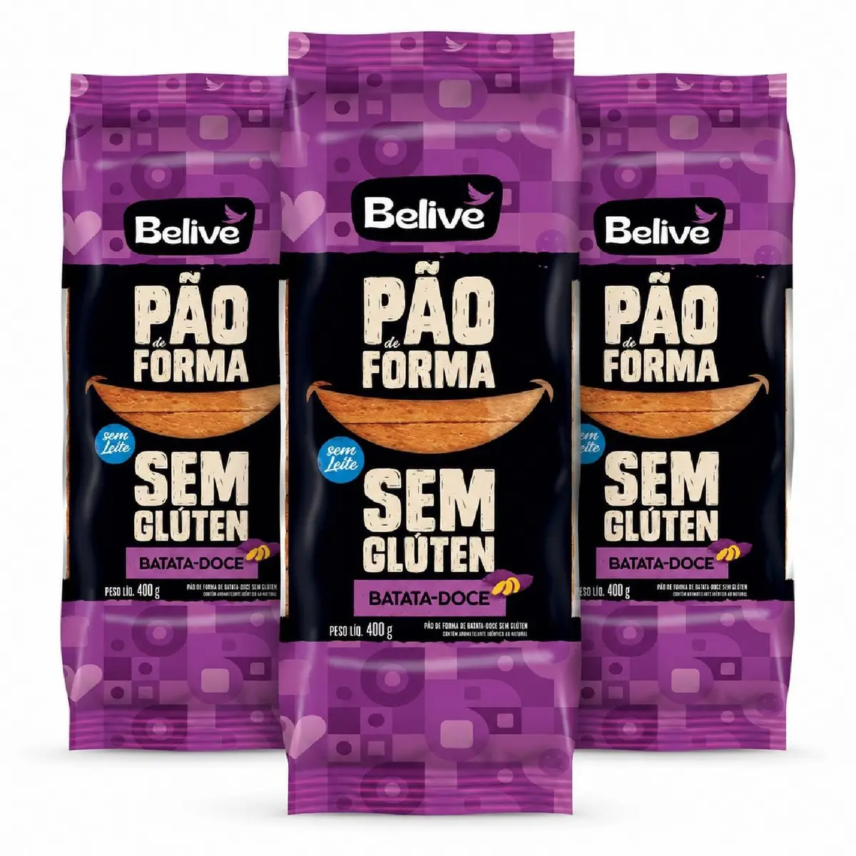 Kit 3 Pão de Forma BeLive Batata-Doce Sem Glúten 400g | Sem Lactose | Fonte de Fibras | 3 Unidades