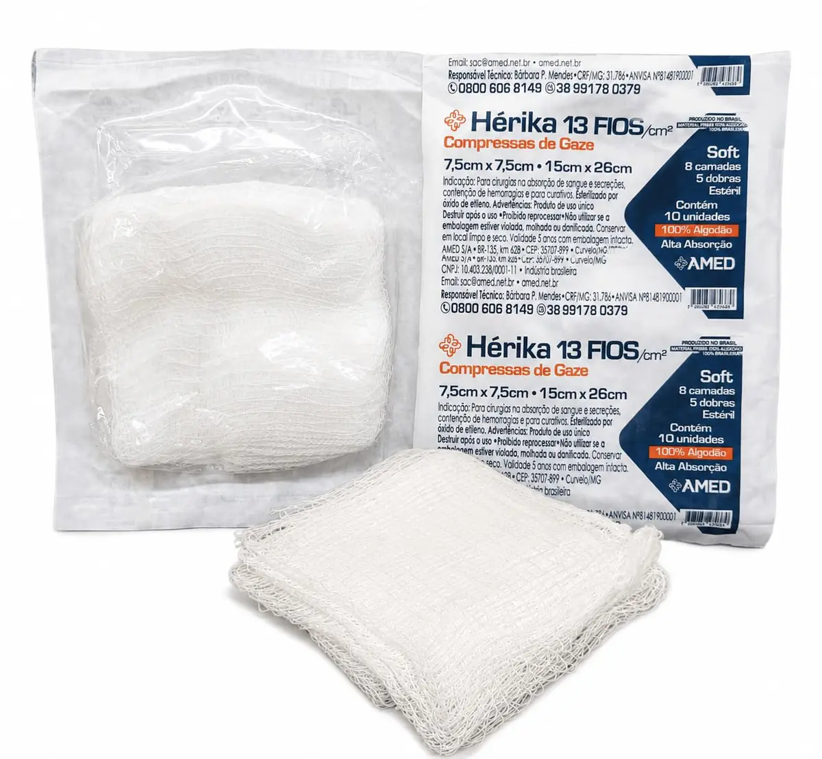 Kit Compressa de Gaze Estéril 13 Fios 7,5x7,5cm 500 Un Hidrofilo Curativo | 500 compressas de gaze estéril, 7,5x7,5cm, 13 fios, 8 camadas, 100% algodão