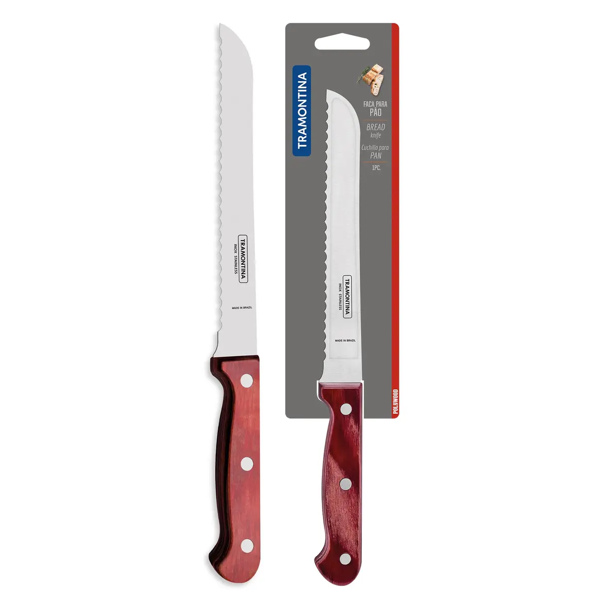 Faca para Pão Tramontina Polywood com Lâmina em Aço Inox e Cabo de Madeira Vermelho 7"
