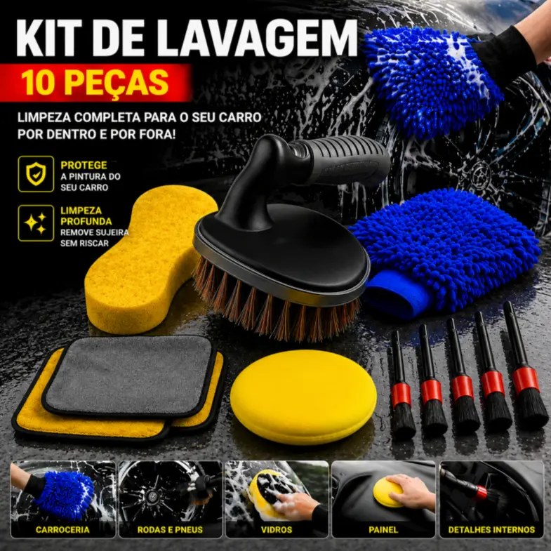 Kit 10 Peças Lavagem Automotiva Esponja + Escova de Pneu + Flanela + Aplicador de Cera + Luva Microfibra + Kit Pincel - 1