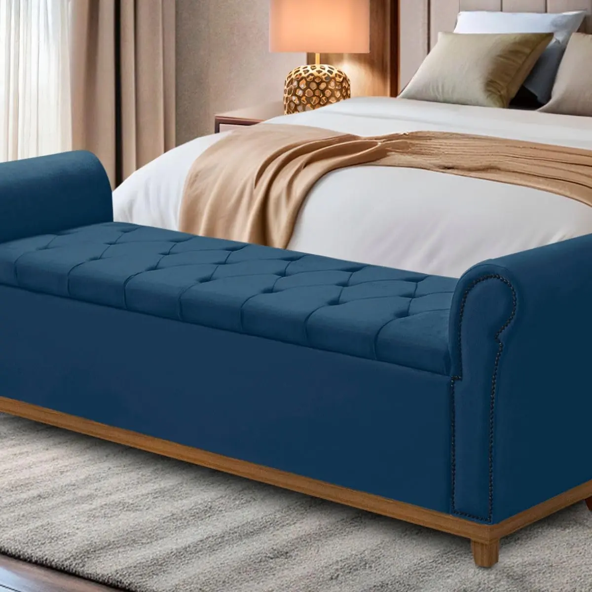 Baú Para Quarto Pé de Cama Box King Size Madeira Grécia (Azul)