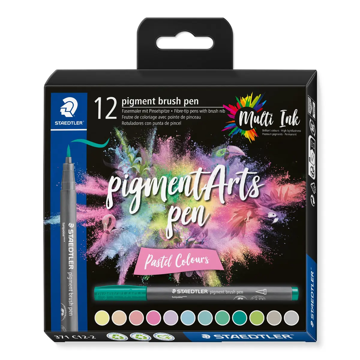 STAEDTLER Caneta Pincel Pigment Arts Pen 12 Cores Pastel - 371 C12-2 - Tinta Pigmentada Permanente, À Prova d’Água com Alta Fidelidade de Cor
