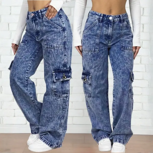Calça Wide Leg Jeans Feminina Cargo Cintura Alta 100% Algodão Pantalona Premium - 1