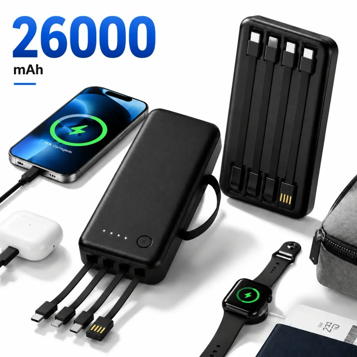 Power Bank Portátil 12000/26000mAh com Carregamento Rápido e 4 Cabos USB Integrados para Celular e Viagem