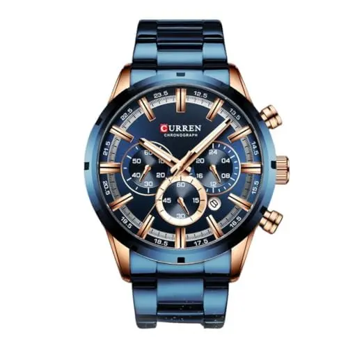 Relógio Masculino "Sea Rose" – Azul com Detalhes em Ouro Rose, Cronógrafo, Pulseira 24mm, Visor 47mm, Aço Inoxidável, Estilo Luxuoso e Resistente à Água + Caixa Premium