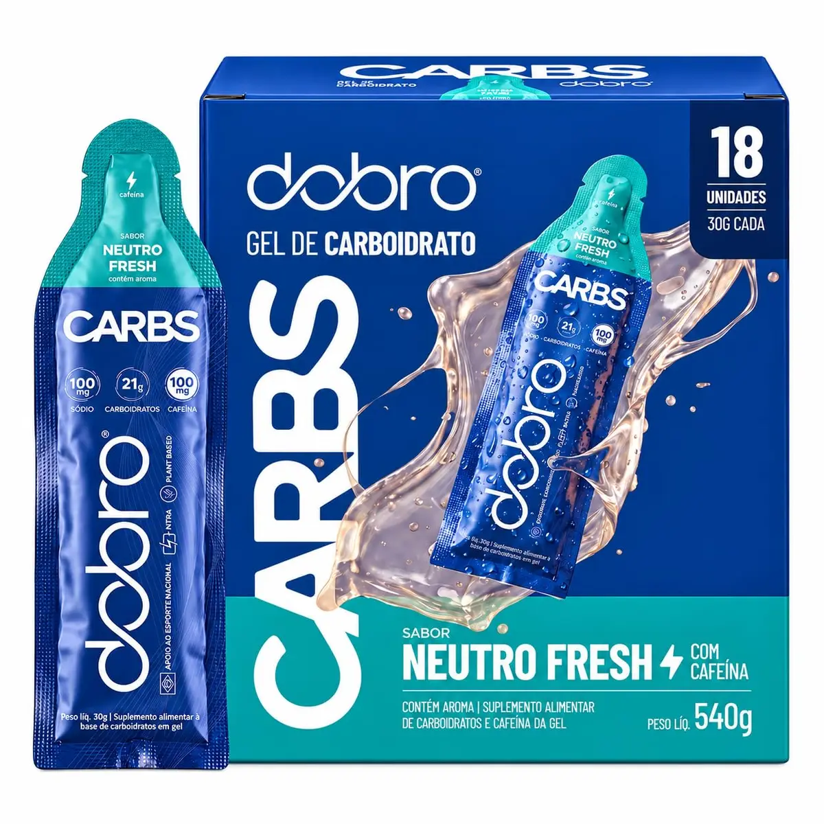 Dobro Carbs Gel Neutro Fresh com Cafeína – Pack com 18 Sachês de 30g | Pré e intra-treino
