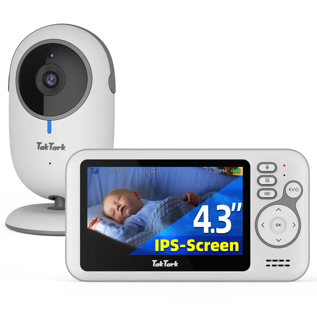TakTark Babá Eletrônica, 4.3" Câmera para Bebês com Monitor, 2 Way Audio, Visão Noturna Infravermelha, Áudio Bidirecional, Detecção de Som VOX, Monitoramento Temperatura, Ideal para Novos Pais