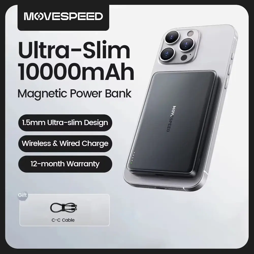 Movespeed s10 banco de potência magnético fino 10000mah pd20w carregador portátil bateria externa sem fio para iphone 16 samsung powerbank