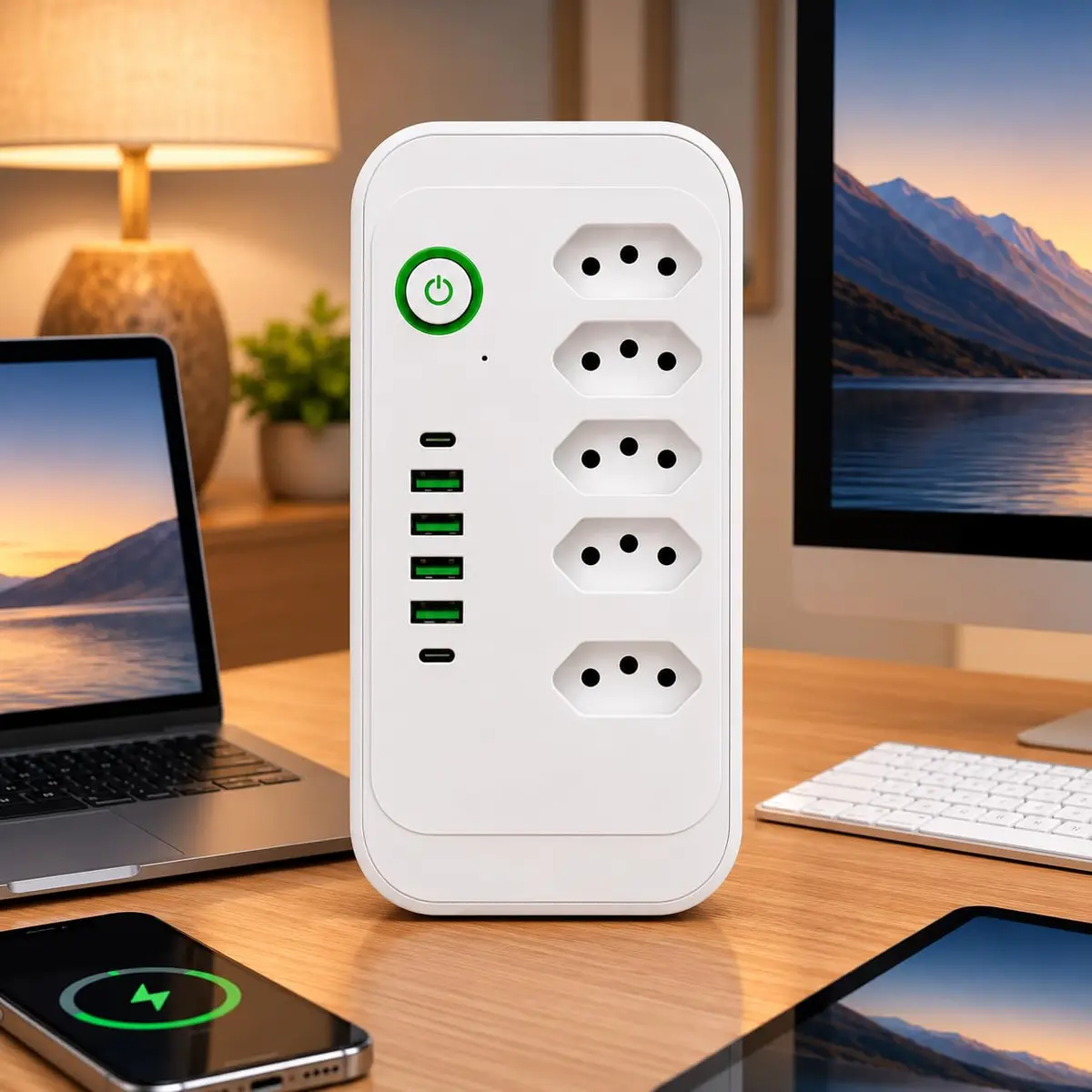Extensão Filtro de Linha Régua de Energia 5 Tomadas com 4 USB e 2 USB-C, Cabo 1 Metro, Bivolt, Interruptor Geral Liga/Desliga