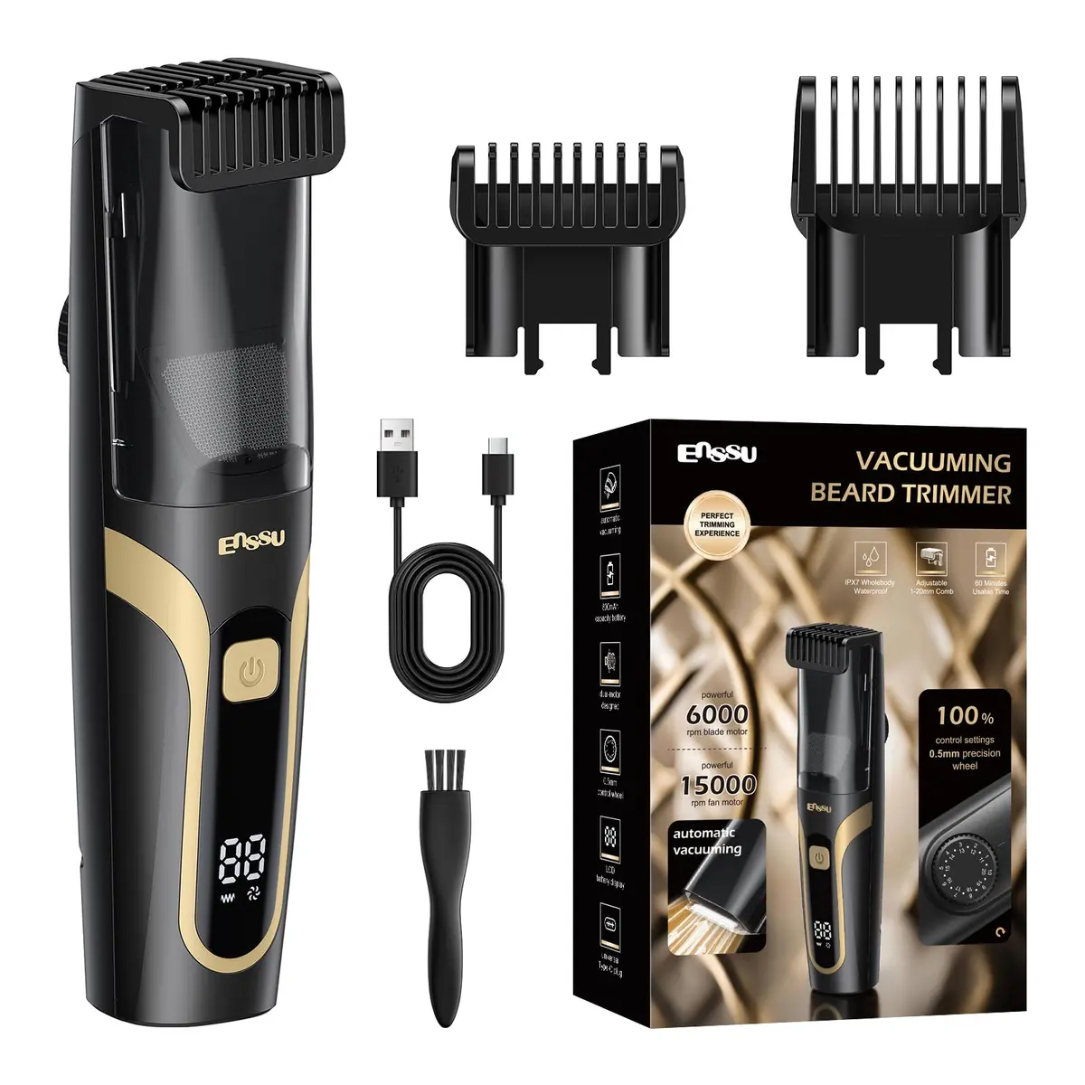 Enssu Máquina de Barbear com Sistema de Aspiração, Aparador de Barba | Barbeador Elétrico Com 20 Configurações de Comprimento Ajustáveis, IPX7 à Prova D'água, Precisão No Corte dos Pelos Faciais