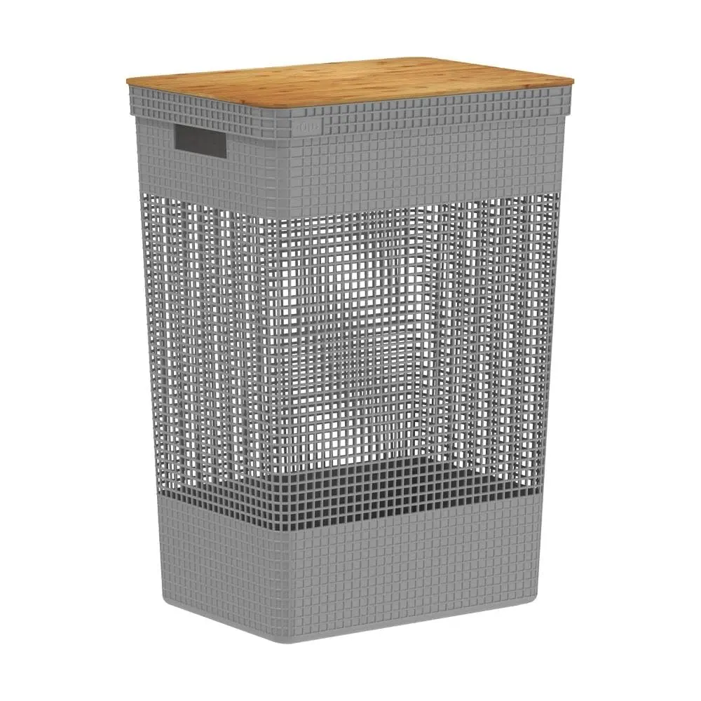 Ou Cesto de Roupas com Tampa de Bambu 49L Chumbo Linha Grid | Design moderno e funcional - 1