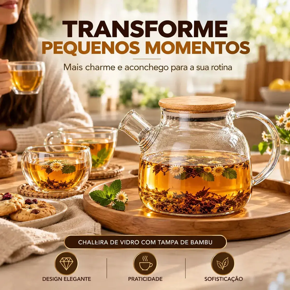 Chaleira de Vidro com Tampa de Bambu e Filtro Espiral para Chá e Infusões, Bule Transparente com Alça e Bico para Servir Bebidas Quentes