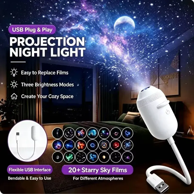 Novo Projetor de Luz Noturna HD Inteligente com Céu Estrelado, USB Plug and Play 360 ° Lâmpada de Atmosfera Galáctica Ajustável para Interior de Carro e Quarto