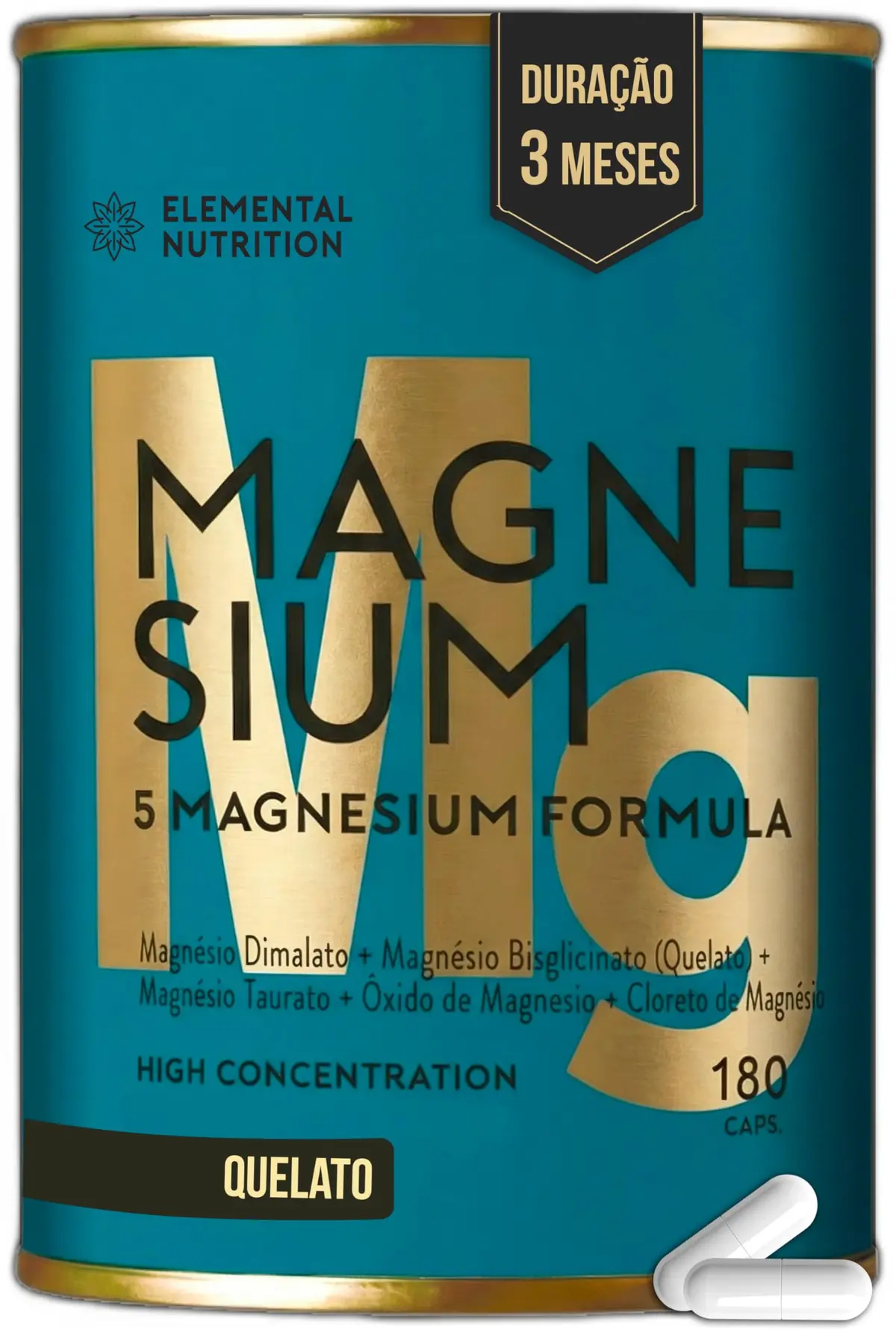 5 Magnésio QUELATO - 180 Cápsulas - 3 Meses de Duração - Dimalato + Bisglicinato + Taurato - Elemental Nutrition