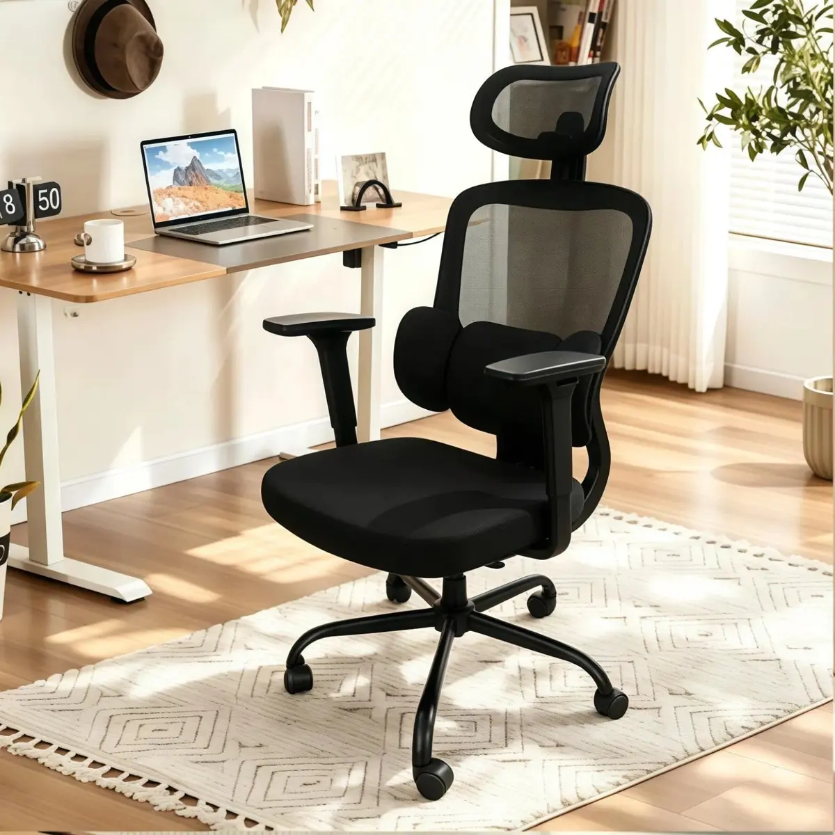 Cadeira de Escritório Ergonômica, Cadeira Gamer Cinza com Apoio Lombar 3D | Altura Ajustável, Home Office, Design Giratório - 1