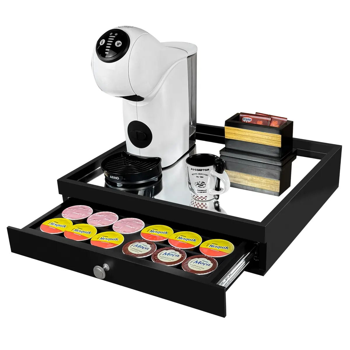 Reluz Art Bandeja Porta Cápsulas Espelho 1 Gaveta com Corrediças Telescópicas Compatível com Cápsulas Nespresso Original, Vertuo, Dolce Gusto Três Corações ou Delta Q (Dolce Gust, Preto)
