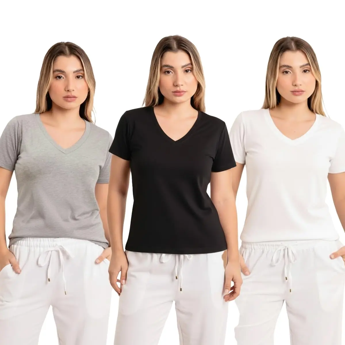 Kit 3 Camisetas Feminina Gola V Blusa Básica Manga Curta Liée