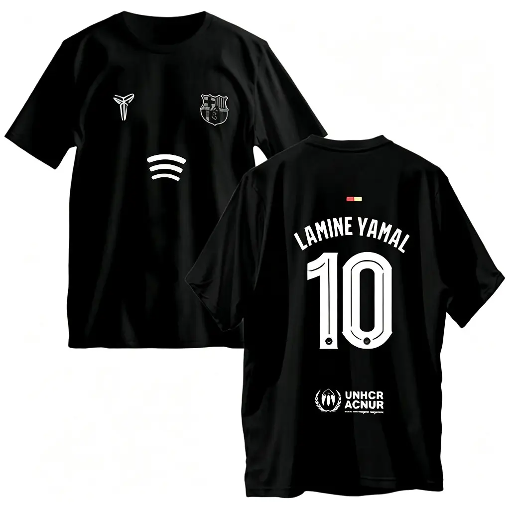 Camiseta Gola Redonda Algodão Respirável Preta Lamine Yamal Número 10 no Verso