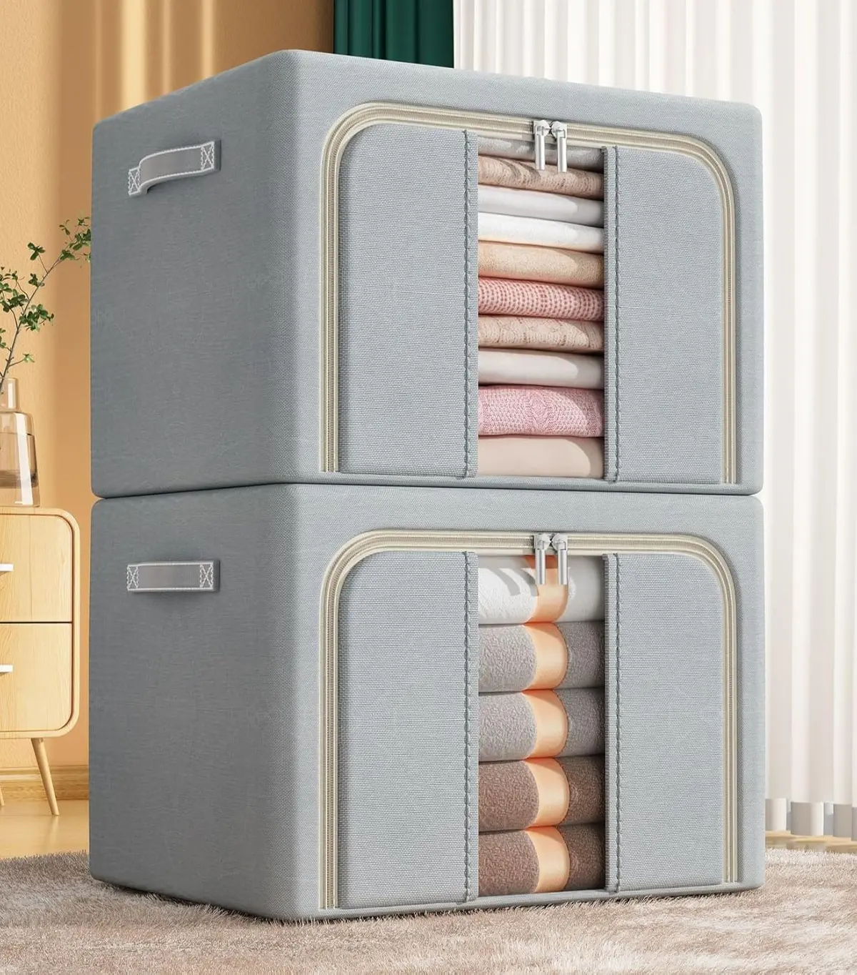 BEMMY Kit 2 Caixa de Armazenamento Organizadora de Tecido de Grande Capacidade com Estrutura de Aço Reforçada, Dobrável, Caixa de Armazenamento de Roupas Domésticas, 66L, 50 * 40 * 33CM