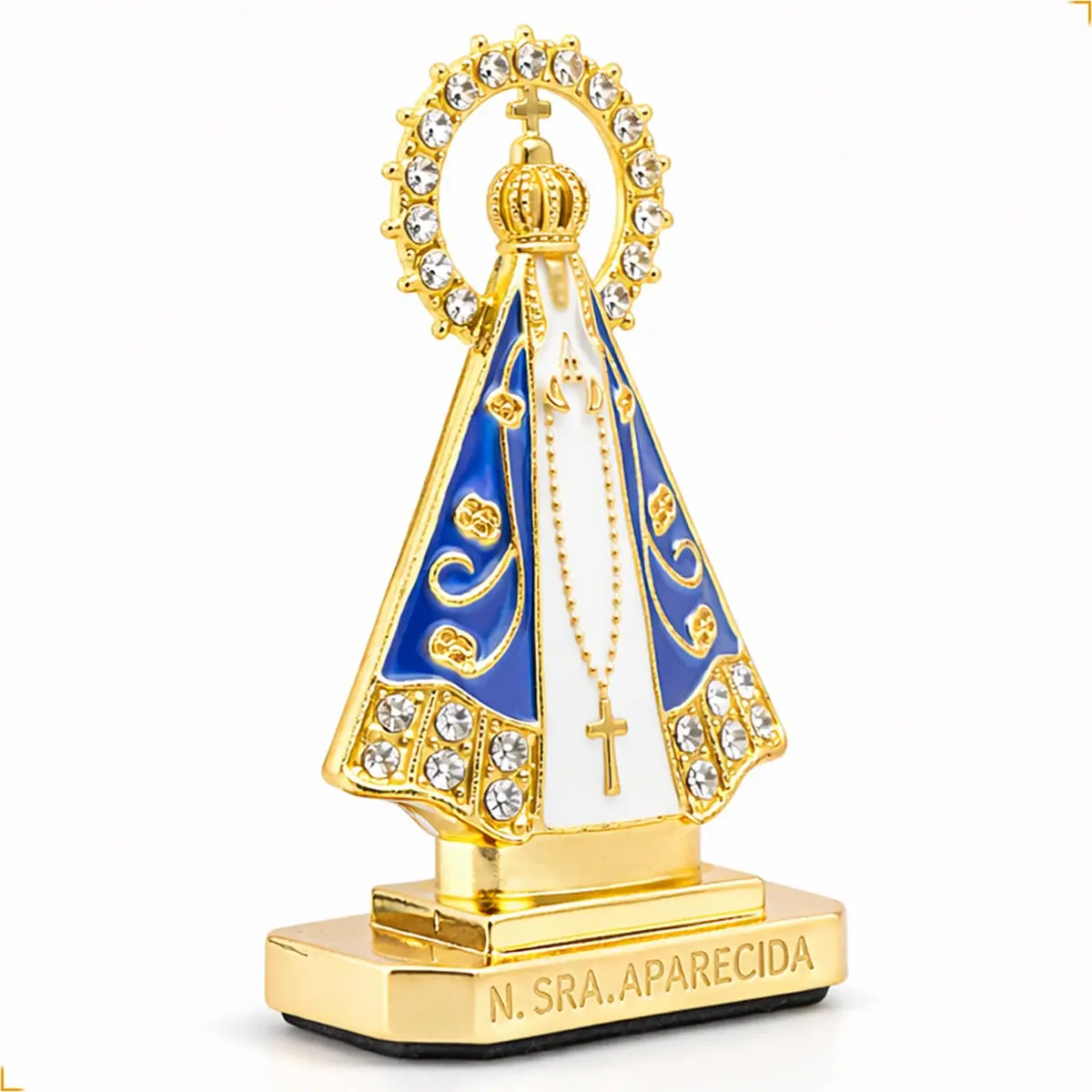 Imagem Nossa Senhora Aparecida para Carro com Resplendor de Brilhantes Inox | Enfeite de Painel de Carro com Base Auto Adesiva | Decoração para Escritório | Imagem Religiosa Dourada Resistente ao Calor