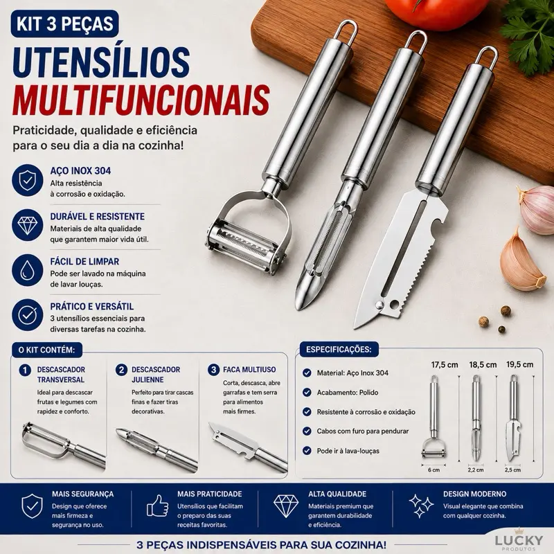 Kit 3 Descascadores Inox Legumes Frutas Escama Peixe Queijo - 1