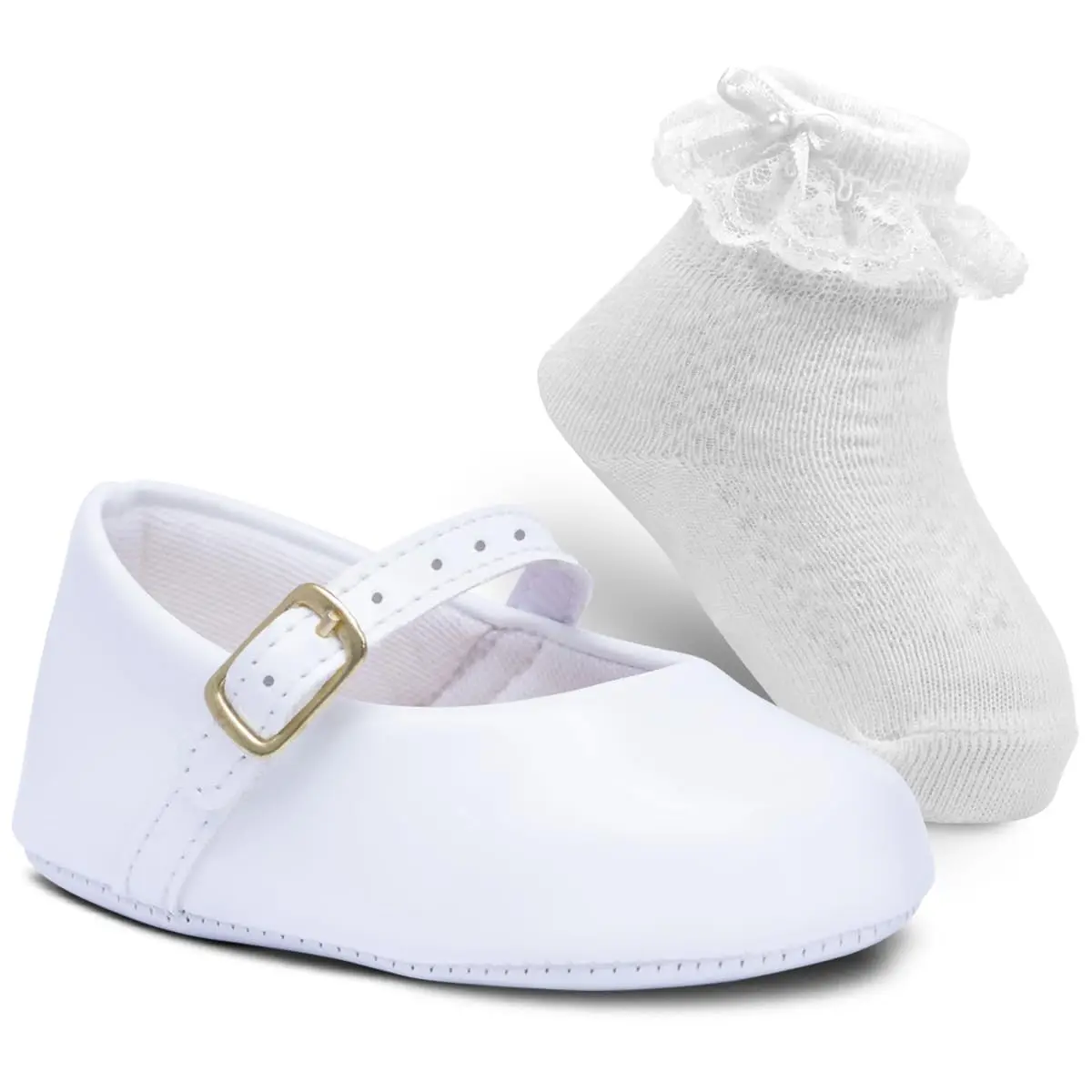 Kit Sapatinho Bebe Menina Boneca + Meia Infantil Festa Batizado K53