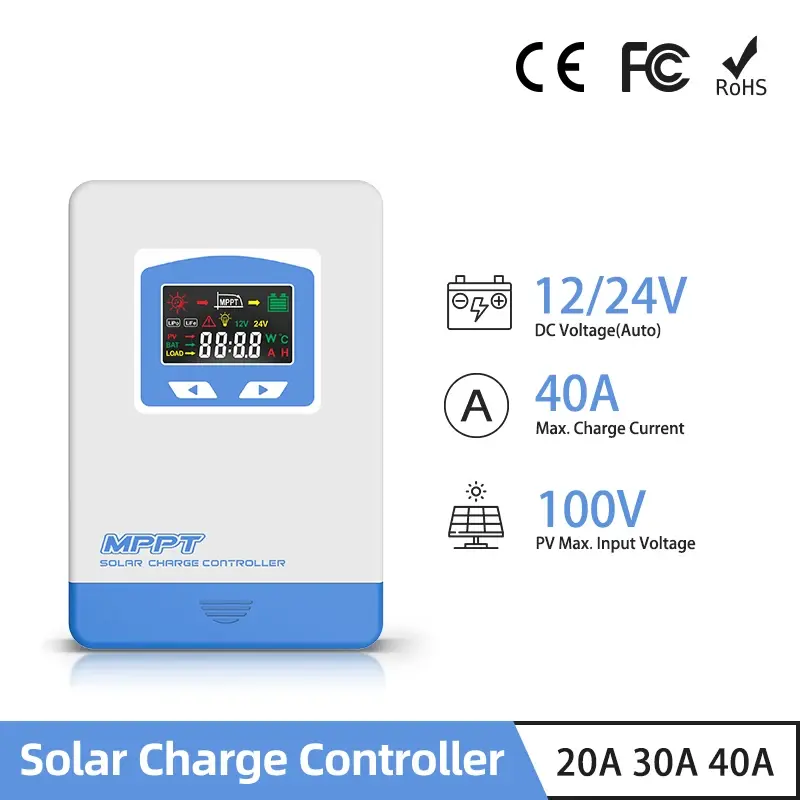 40a 30a 20a mppt controlador de carga solar entrada fotovoltaica 100vdc 60vdc regulador solar 12v 24v display lcd automático lifepo4 gel - 1