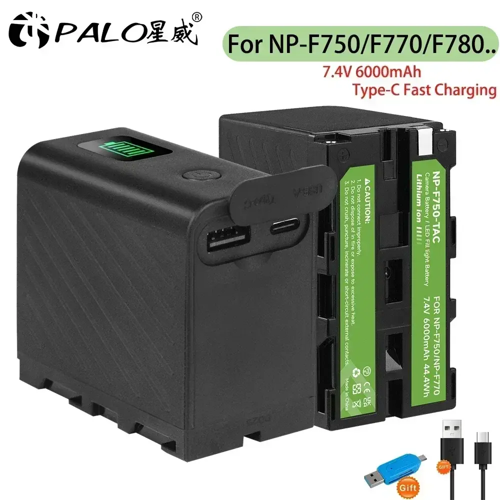 6000mAh NP-F750 NP-F770 Bateria NP F750 NP-F550 LED Bateria Indicadora de Alimentação + Porta Tipo-C para Sony NP-960 F970 CCD-TRV58 MC1500C