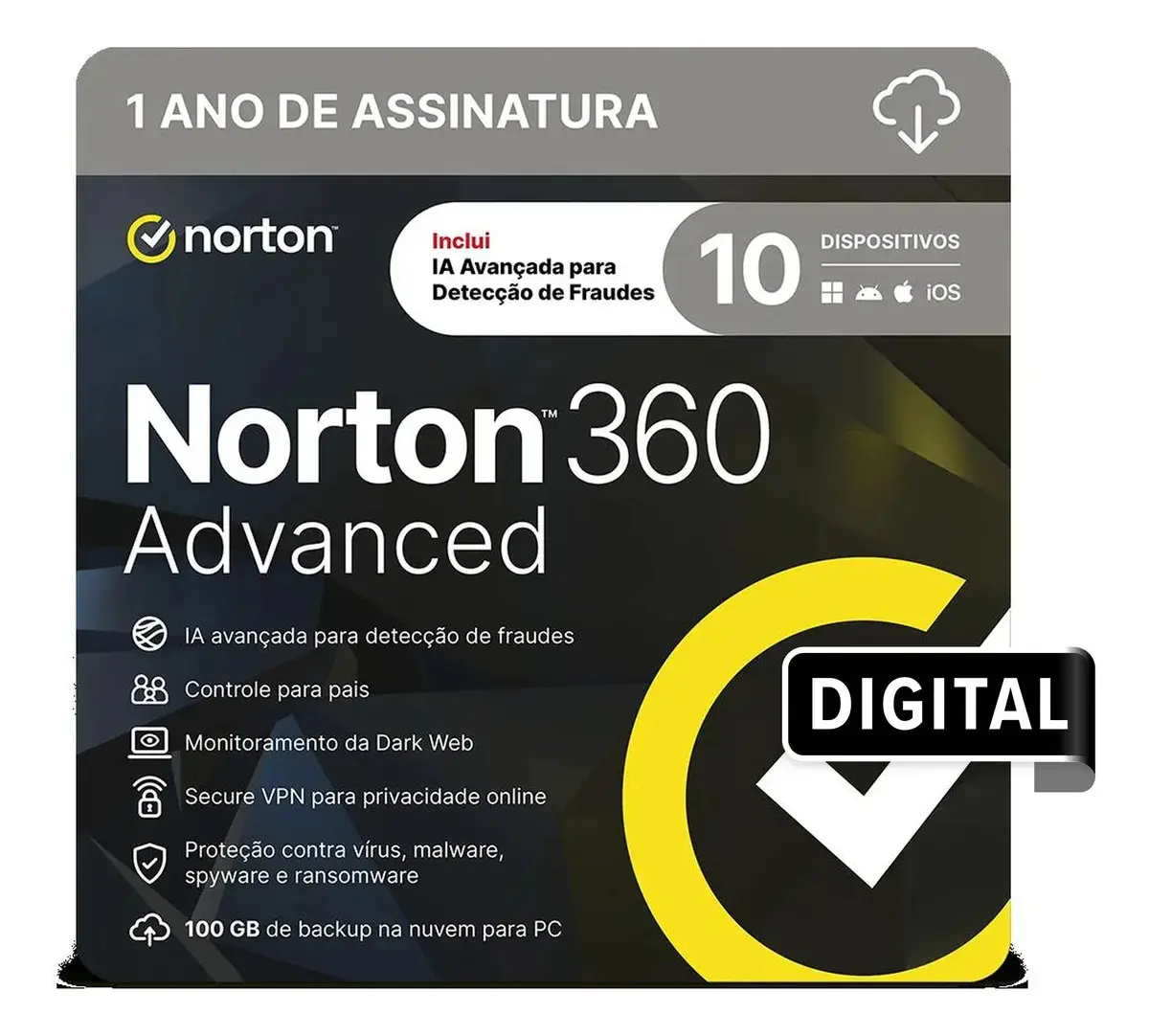 Norton 360 Advanced 100gb 10 Dispositivos 1 Ano (Digital)