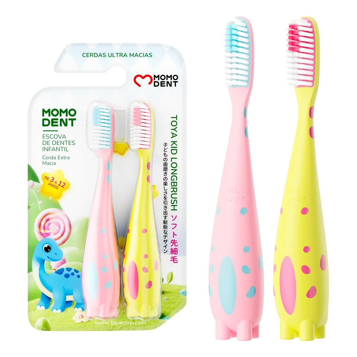 MOMODENT Escova de Dentes Infantil 2 Unidades, Para 3-12 Anos, Rosa+Verde | Cerdas Ultramacias, Cabeça Longa, Design Colorido com Dinossauro Divertido, Protege a Gengiva - 1