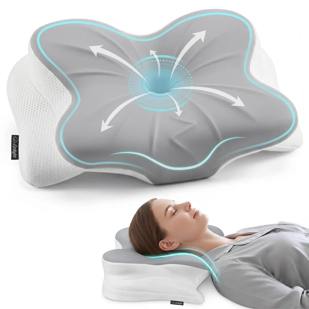 Travesseiro Cervical Ortopédico D45 Linlight Resfriamento Toque Mácio | Alívio de Pressão no Pescoço e Ombros,Suporte Cervical,Ergonômico Espuma Viscoelástica,Dupla Altura
