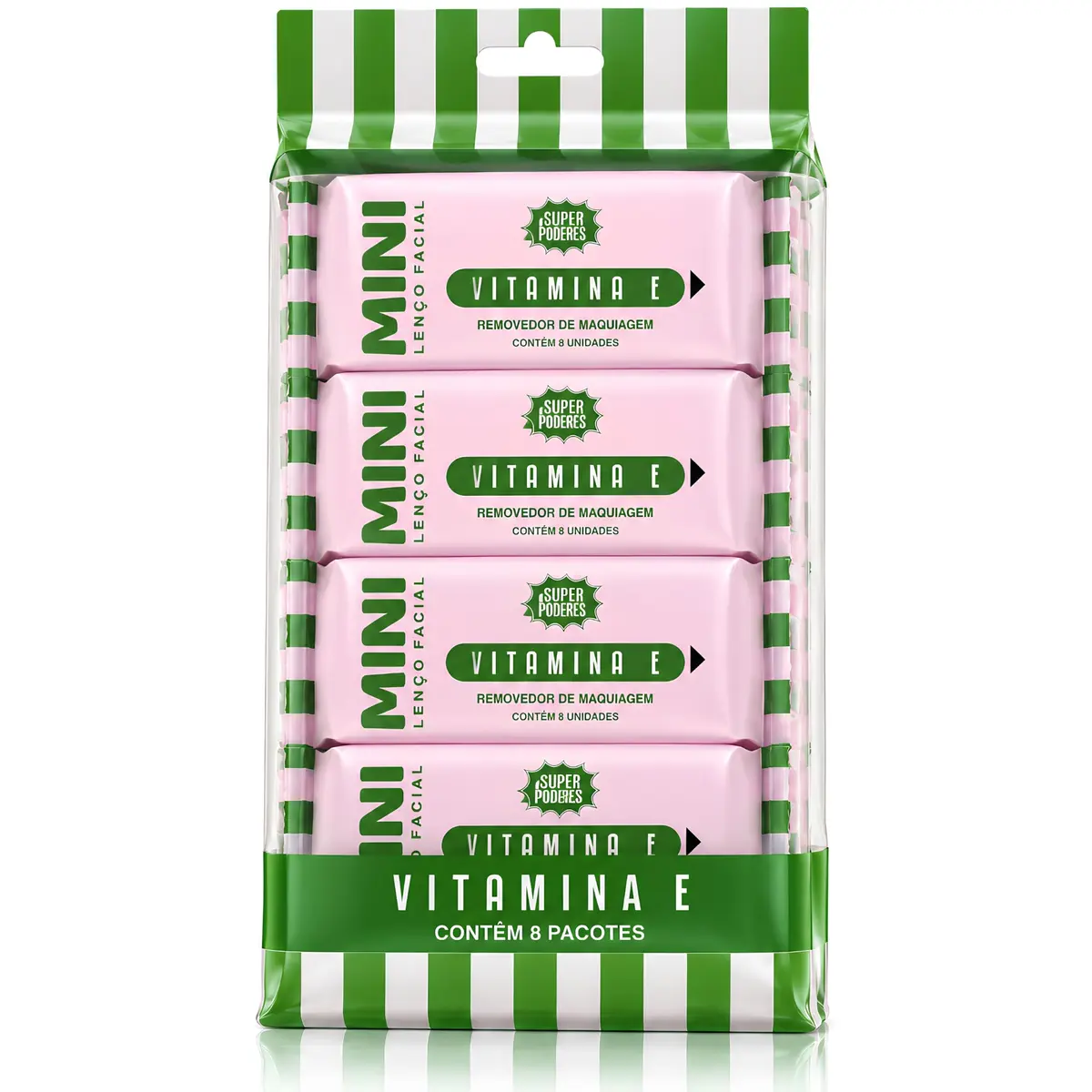 Mini Lenço Demaquilante Vitamina E 8 Pacotes 64 Unidades | 64 Unidades no Total, Com Glicerina e Ginseng, Cruelty Free, Tamanho Compacto 8x4x2cm, Todos os Tipos de Pele