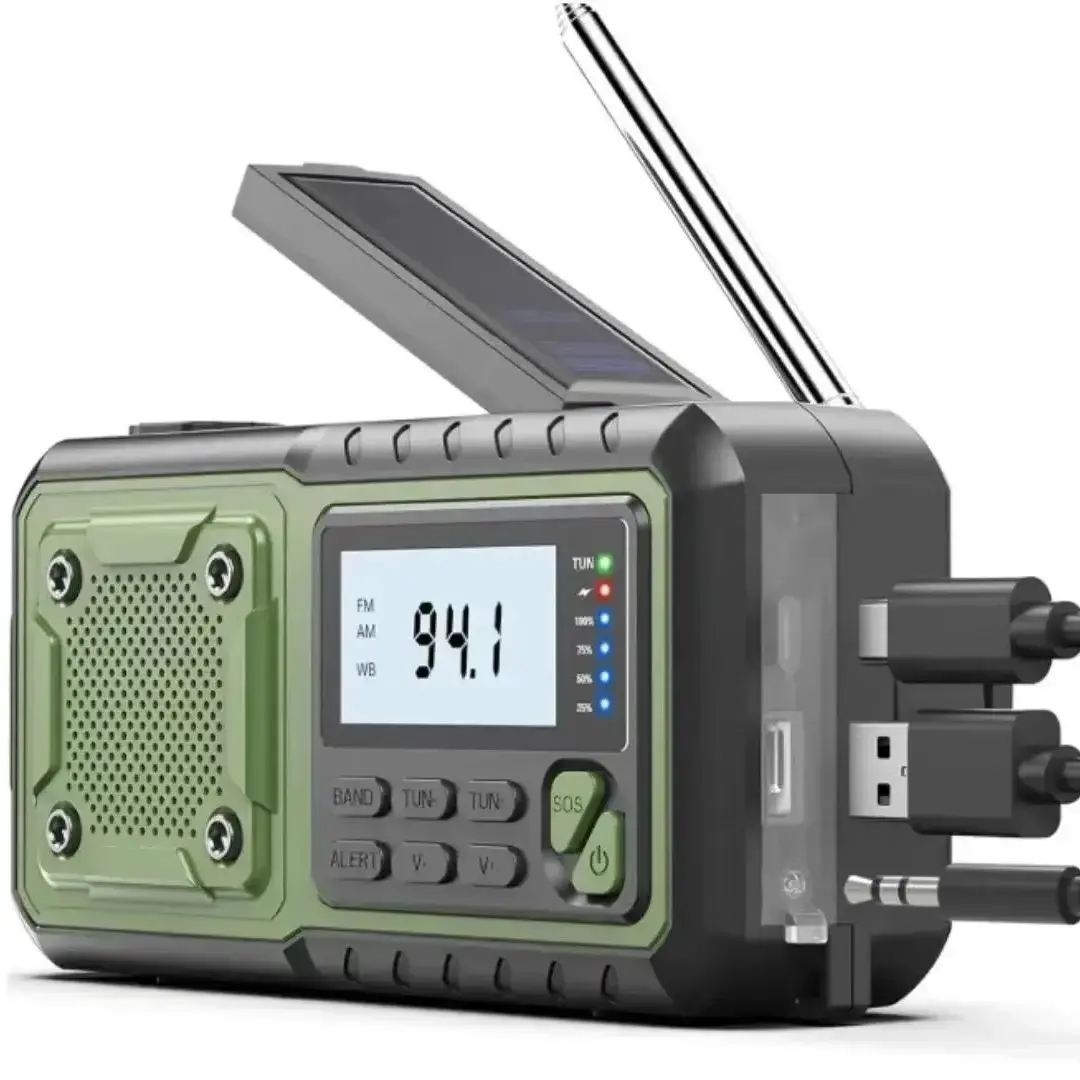 Rádio Solar Portátil de Emergência 4000mAh com Carregamento por Manivela, Rádio Meteorológico AM/FM, Lanterna LED e Carregador de Celular