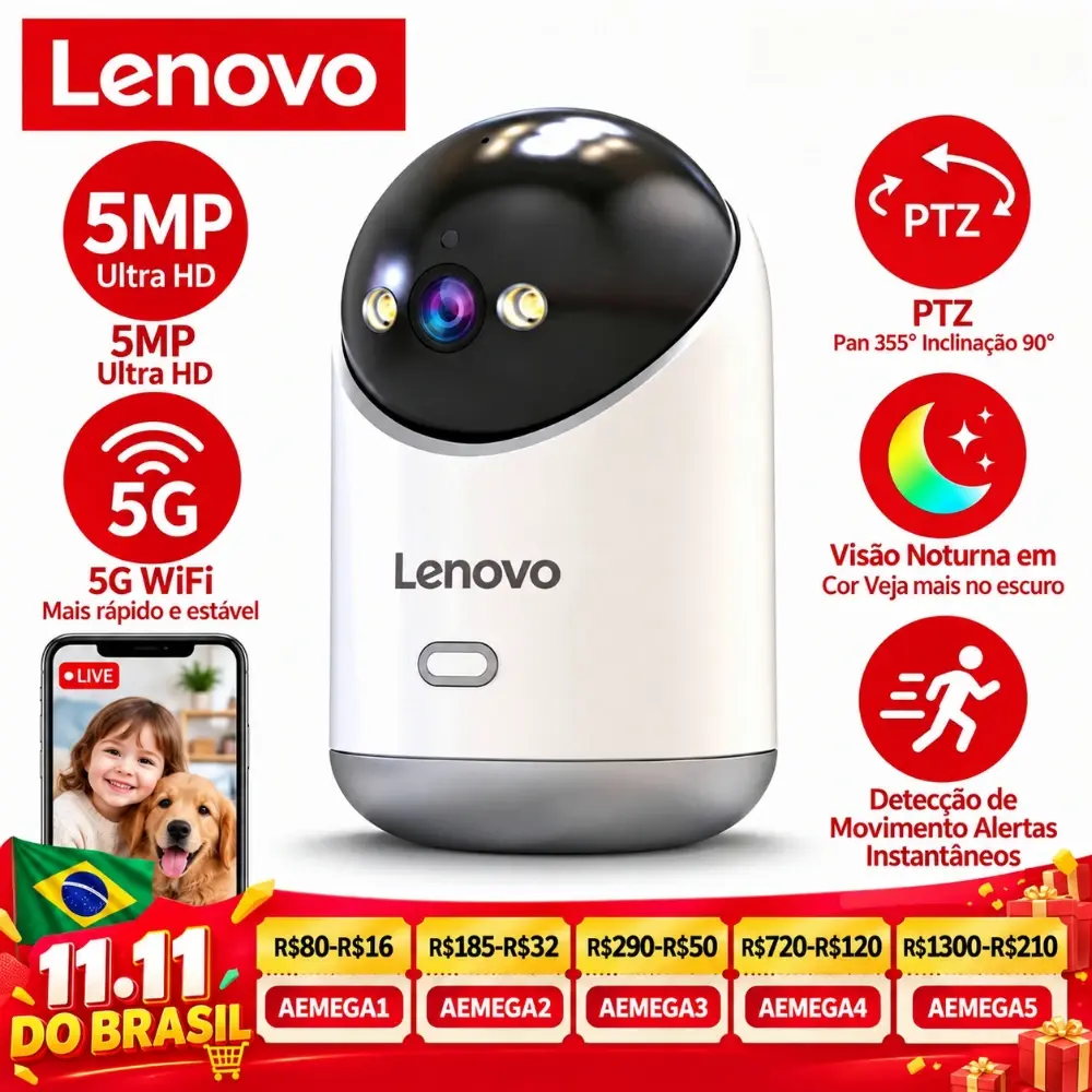 Câmera IP Lenovo 5MP, 5G/2.4G WiFi, câmera de vigilância sem fios HD para uso doméstico, com rastreamento automático, comunicação bidirecional e função de monitorização de bebés.