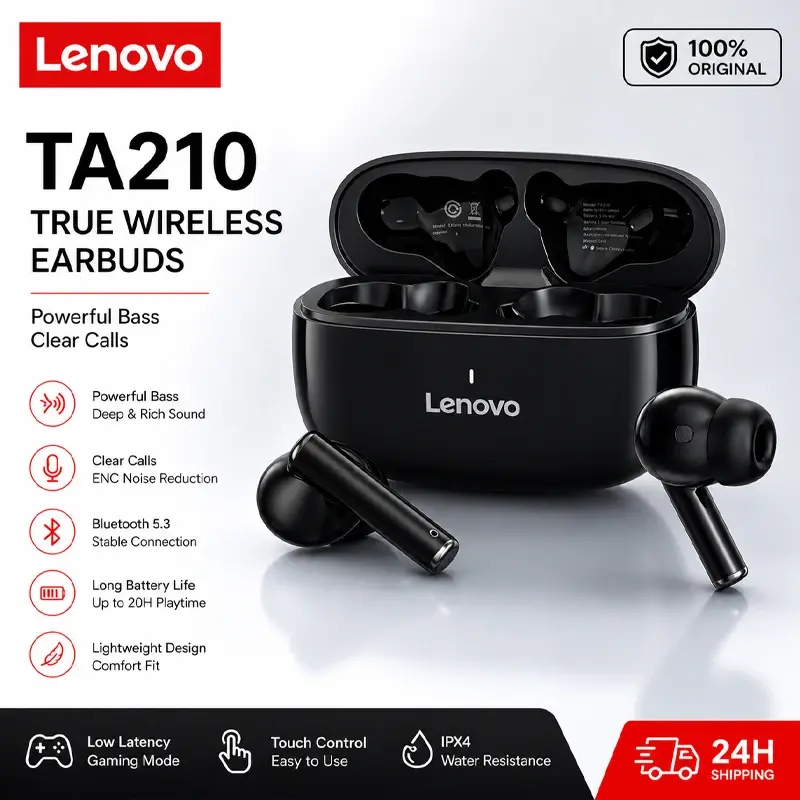 Fones de ouvido sem fio Bluetooth Lenovo TA210, com microfone integrado, porta de carregamento, isolamento de ruído, design confortável e que cobre toda a orelha. Novo. - 1