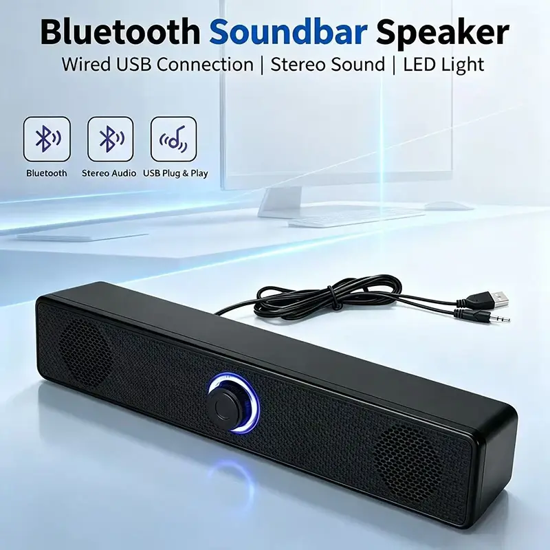 Caixa de Som Bluetooth Sem Fio com Fio, Barra de Som para Computador, PC, TV, Laptop, Desktop, Sistema de Áudio Portátil