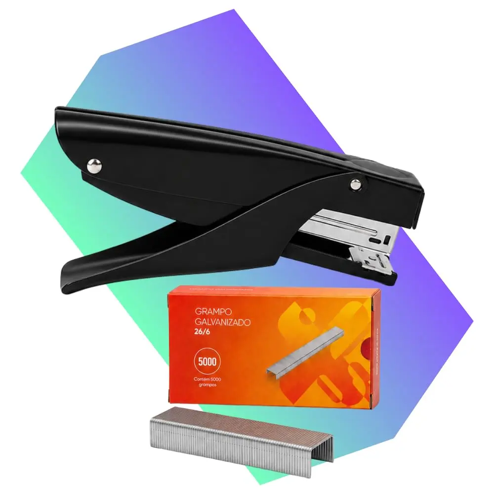 Kit Grampeador de Papel Tipo Alicate com Grampos 26/6 para Escritório | Grampeia até 25 Folhas Grampeador Portátil Preto Metal Ergonômico Comércio Lacrar Embalagens Resistente